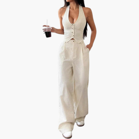 Women's Chic Cotton Open Back Top and Wide Leg Pants Set
