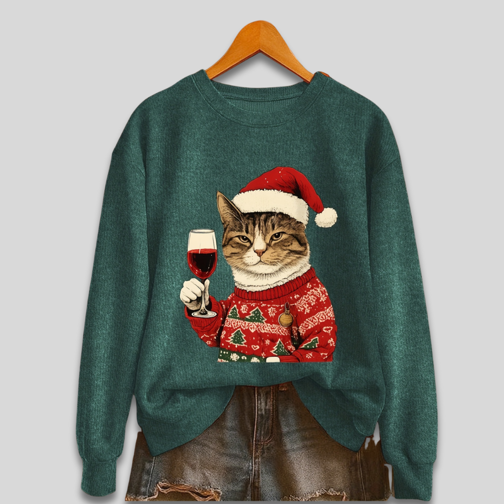 Quirky Holiday Sweater for Women - Humorous Santa Kitty Top - OutfitLondon