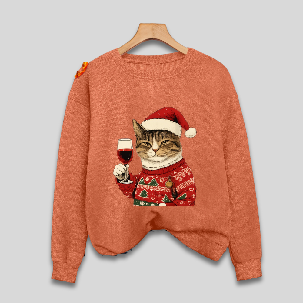 Quirky Holiday Sweater for Women - Humorous Santa Kitty Top