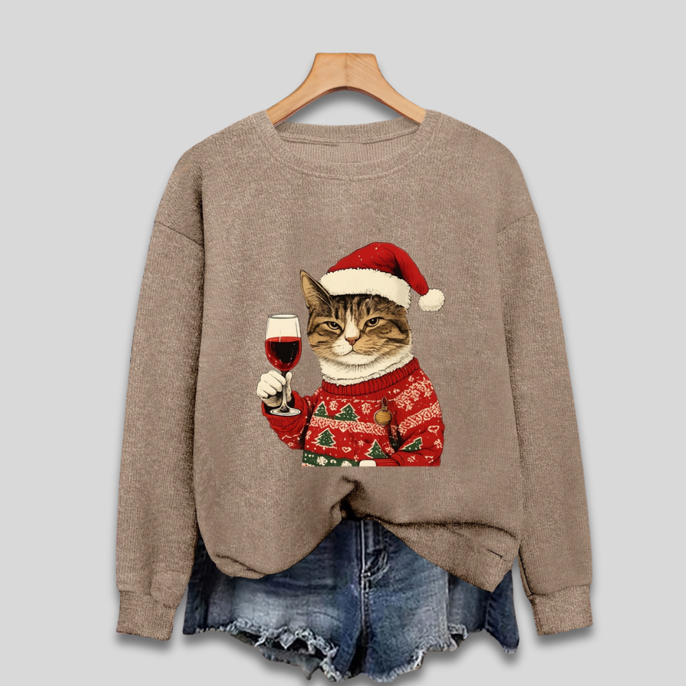 Quirky Holiday Sweater for Women - Humorous Santa Kitty Top