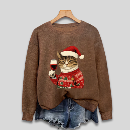 Quirky Holiday Sweater for Women - Humorous Santa Kitty Top