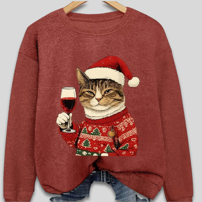 Quirky Holiday Sweater for Women - Humorous Santa Kitty Top