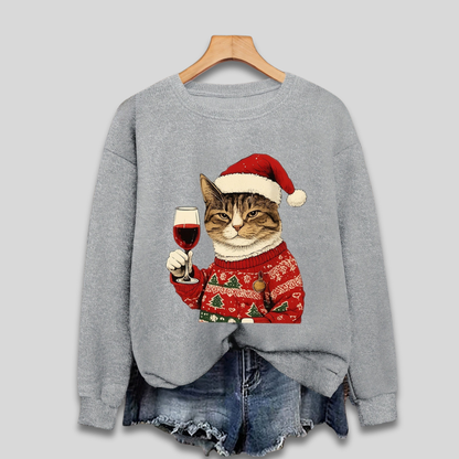 Quirky Holiday Sweater for Women - Humorous Santa Kitty Top