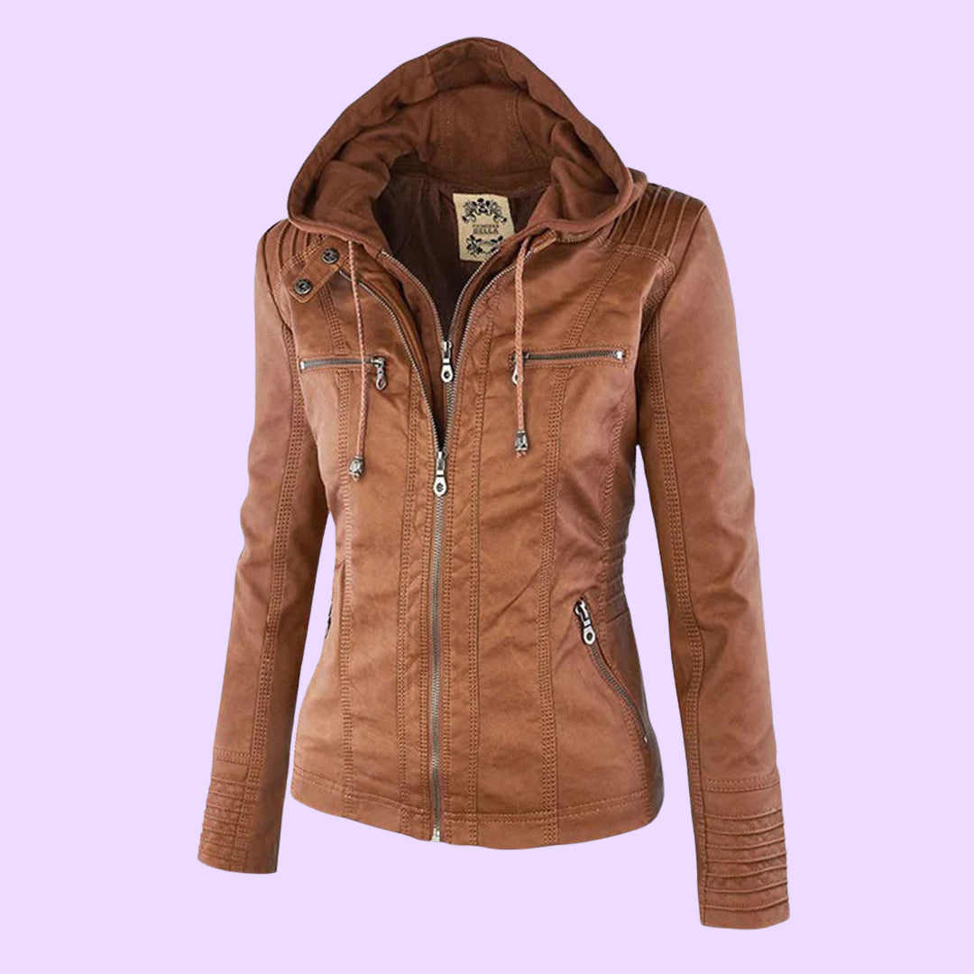 Waterproof Women's Leather Coat with Detachable Hood - OutfitLondon
