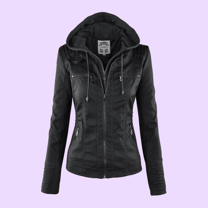 Waterproof Women's Leather Coat with Detachable Hood