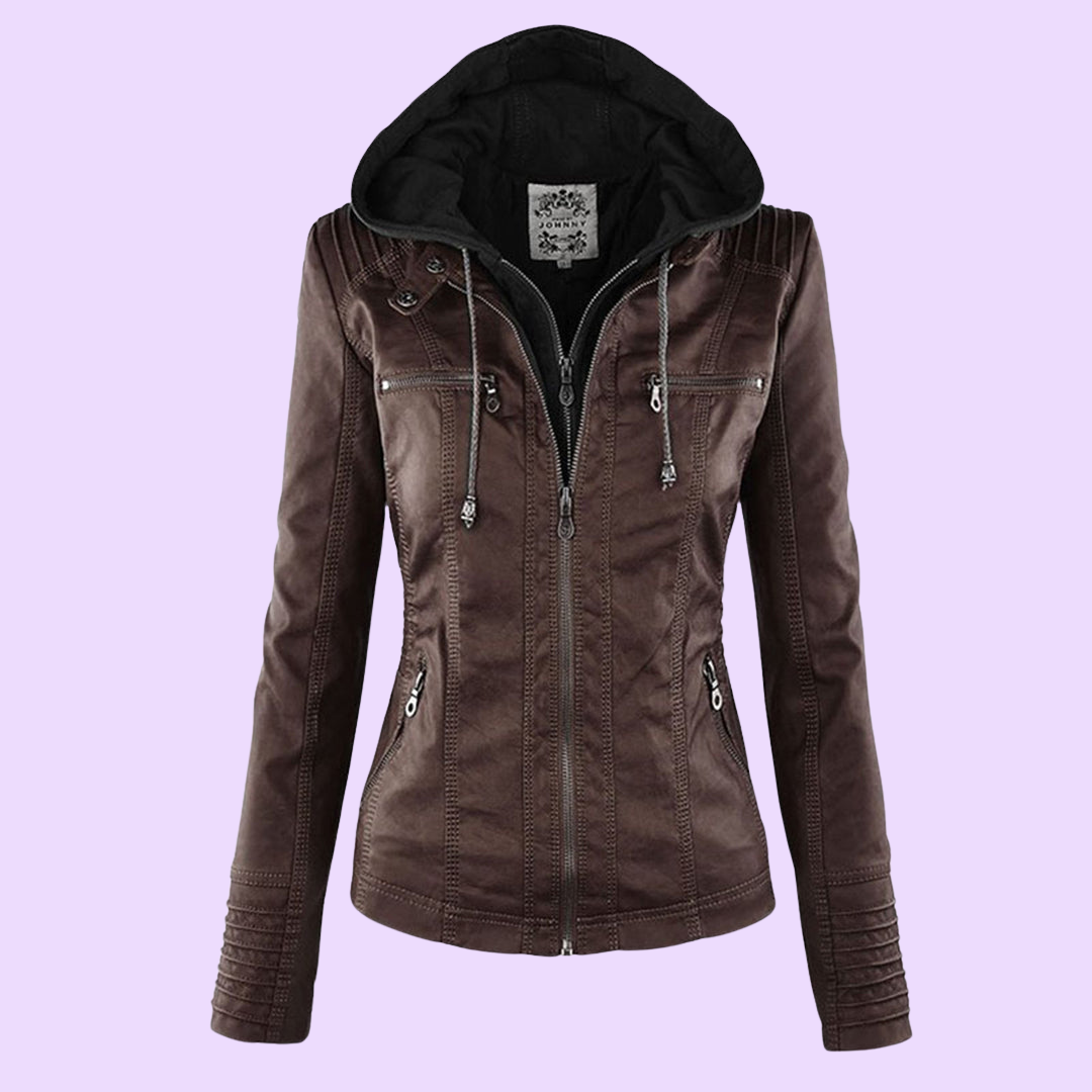 Waterproof Women's Leather Coat with Detachable Hood