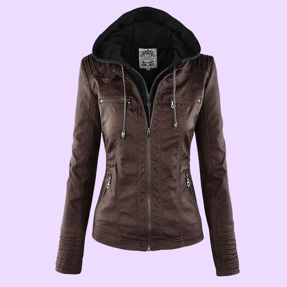 Waterproof Women's Leather Coat with Detachable Hood