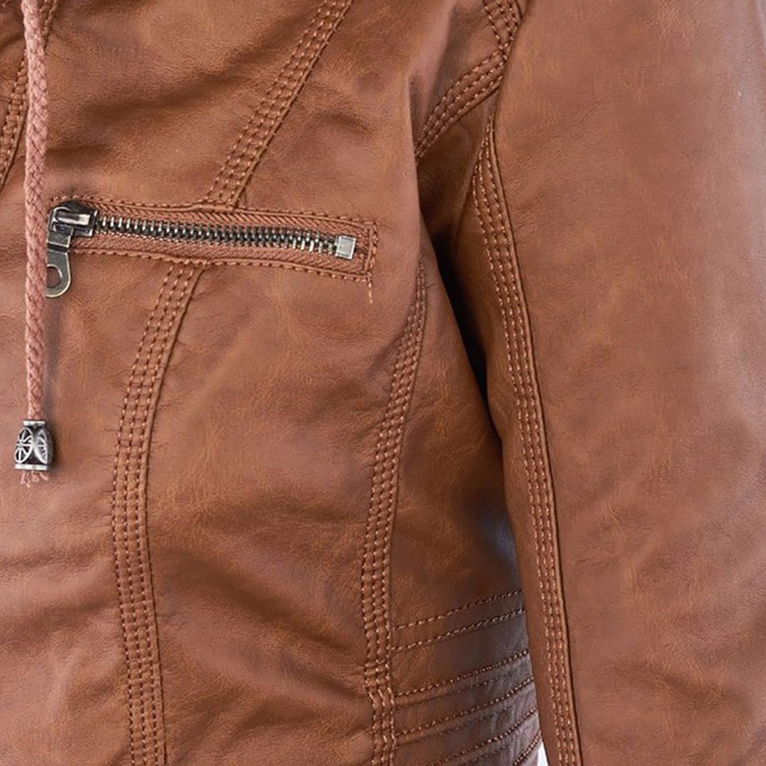 Waterproof Women's Leather Coat with Detachable Hood
