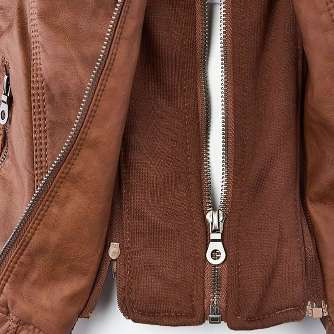 Waterproof Women's Leather Coat with Detachable Hood
