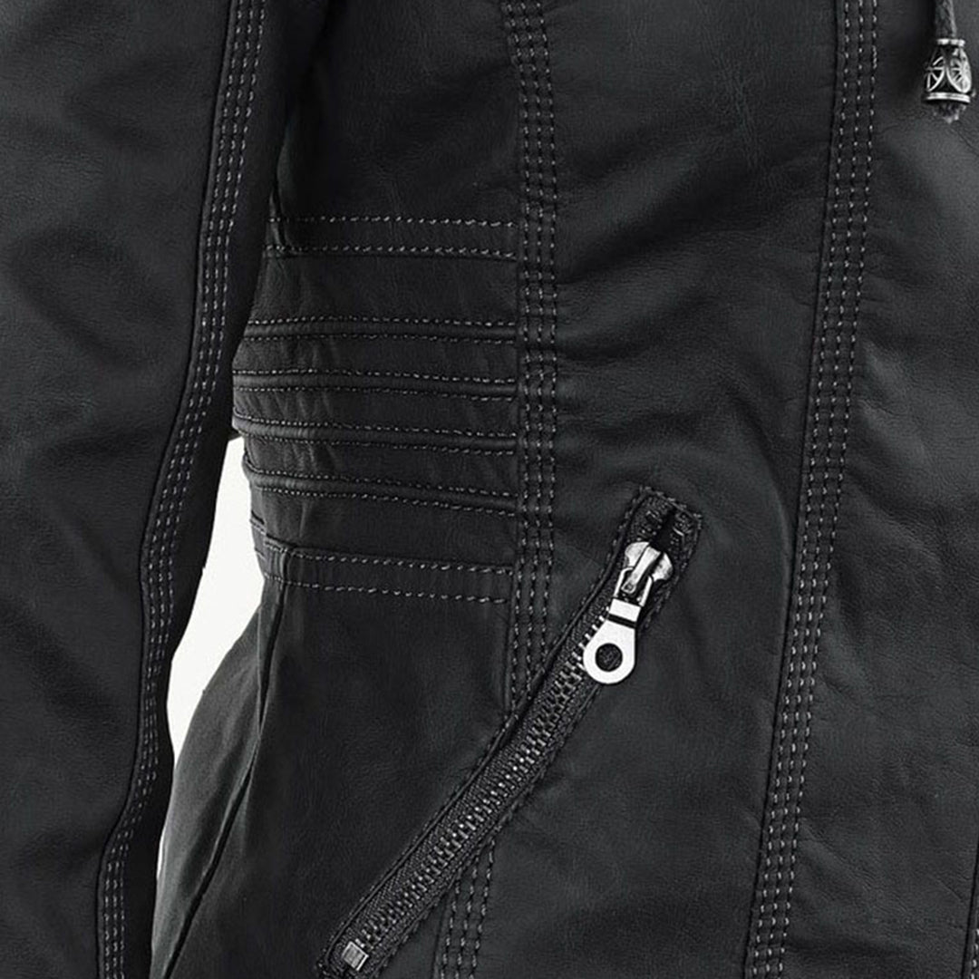Waterproof Women's Leather Coat with Detachable Hood