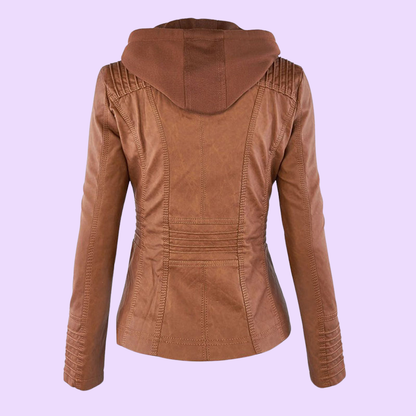 Waterproof Women's Leather Coat with Detachable Hood