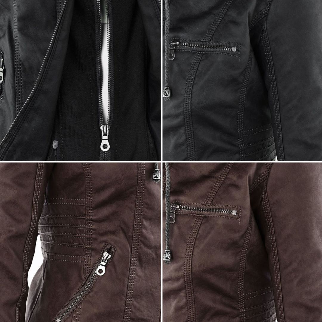 Waterproof Women's Leather Coat with Detachable Hood