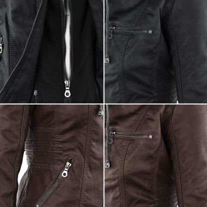 Waterproof Women's Leather Coat with Detachable Hood