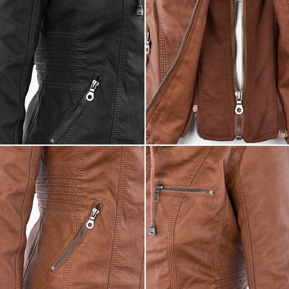 Waterproof Women's Leather Coat with Detachable Hood