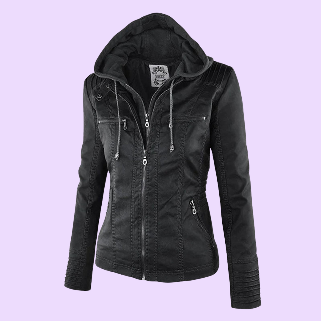 Waterproof Women's Leather Coat with Detachable Hood