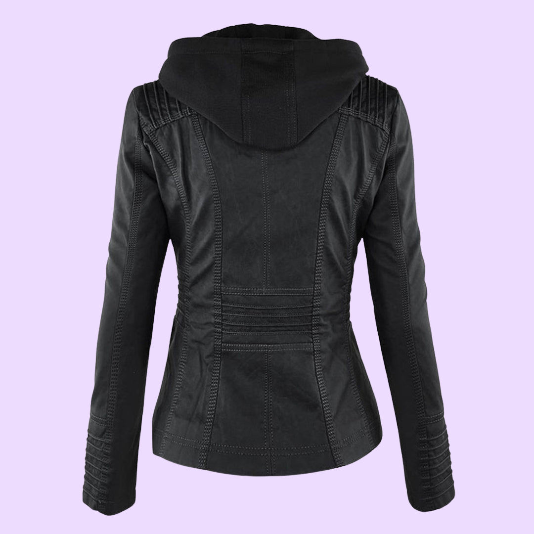 Waterproof Women's Leather Coat with Detachable Hood