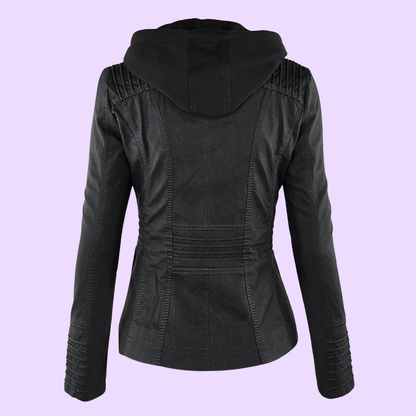 Waterproof Women's Leather Coat with Detachable Hood