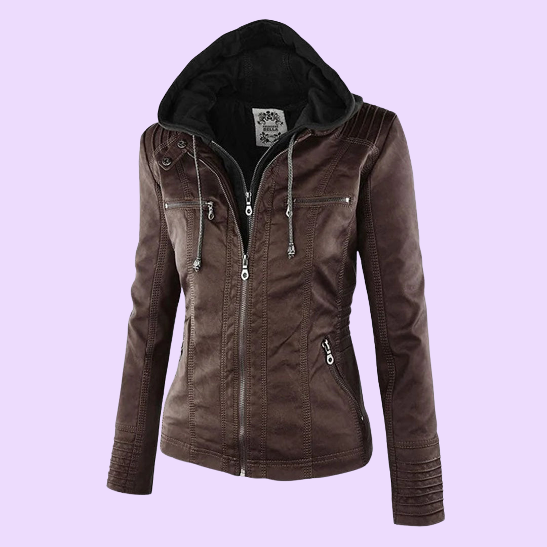 Waterproof Women's Leather Coat with Detachable Hood