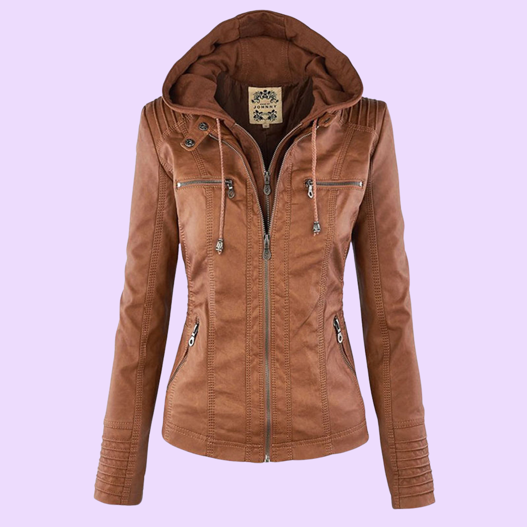 Waterproof Women's Leather Coat with Detachable Hood