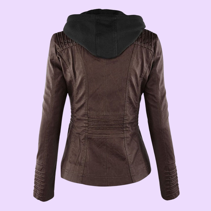 Waterproof Women's Leather Coat with Detachable Hood
