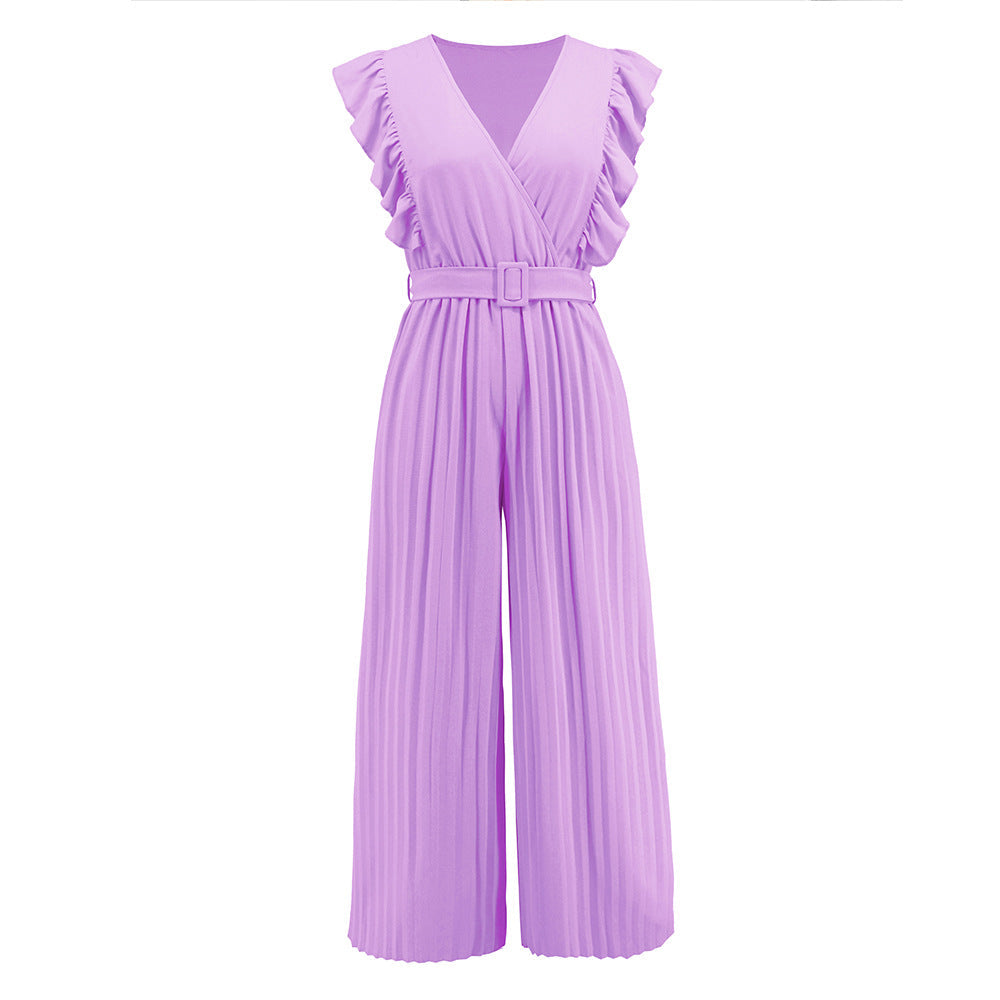 Women's Elegant Wide Leg V-Neck Belted Jumpsuit