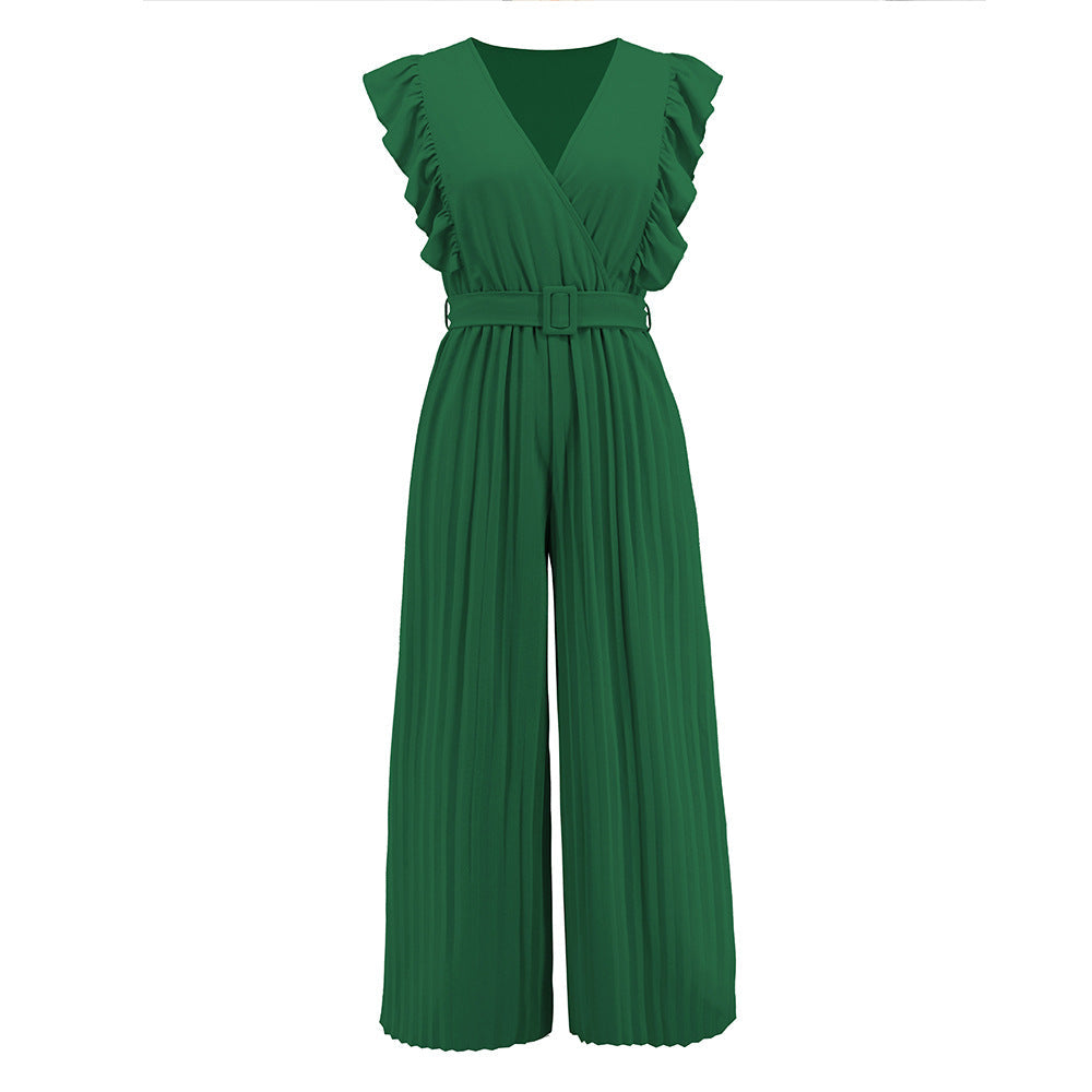 Women's Elegant Wide Leg V-Neck Belted Jumpsuit