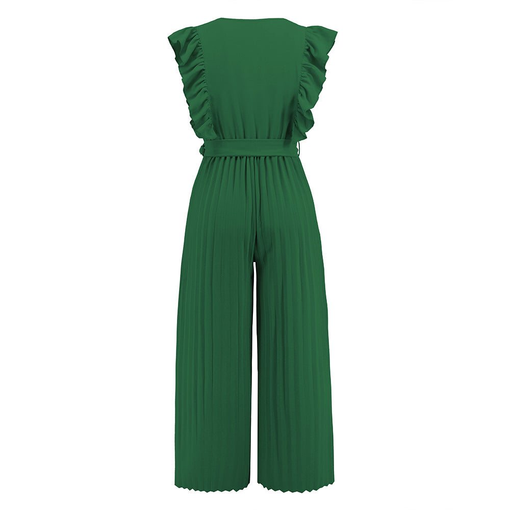 Women's Elegant Wide Leg V-Neck Belted Jumpsuit