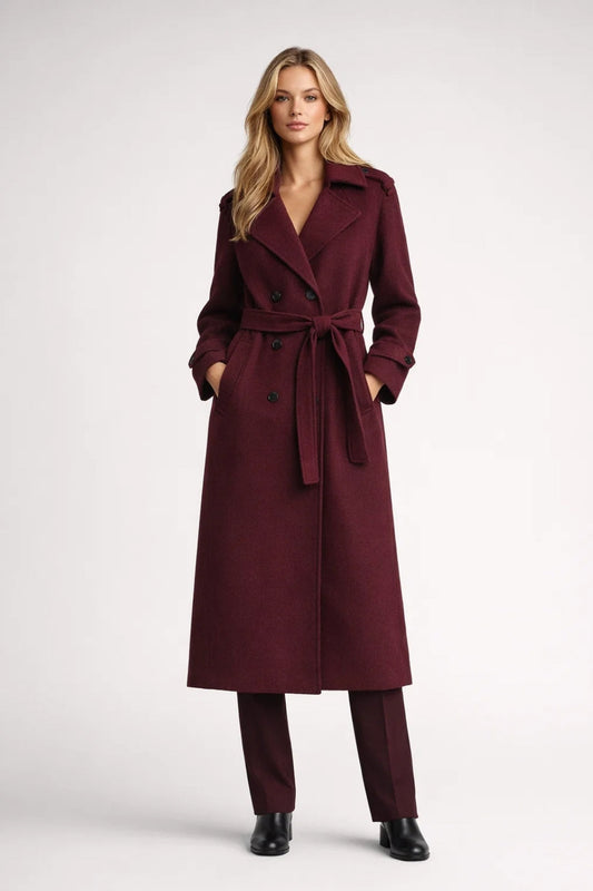 Women's Elegant Wool Blend Fitted Belted Autumn Coat in Burgundy