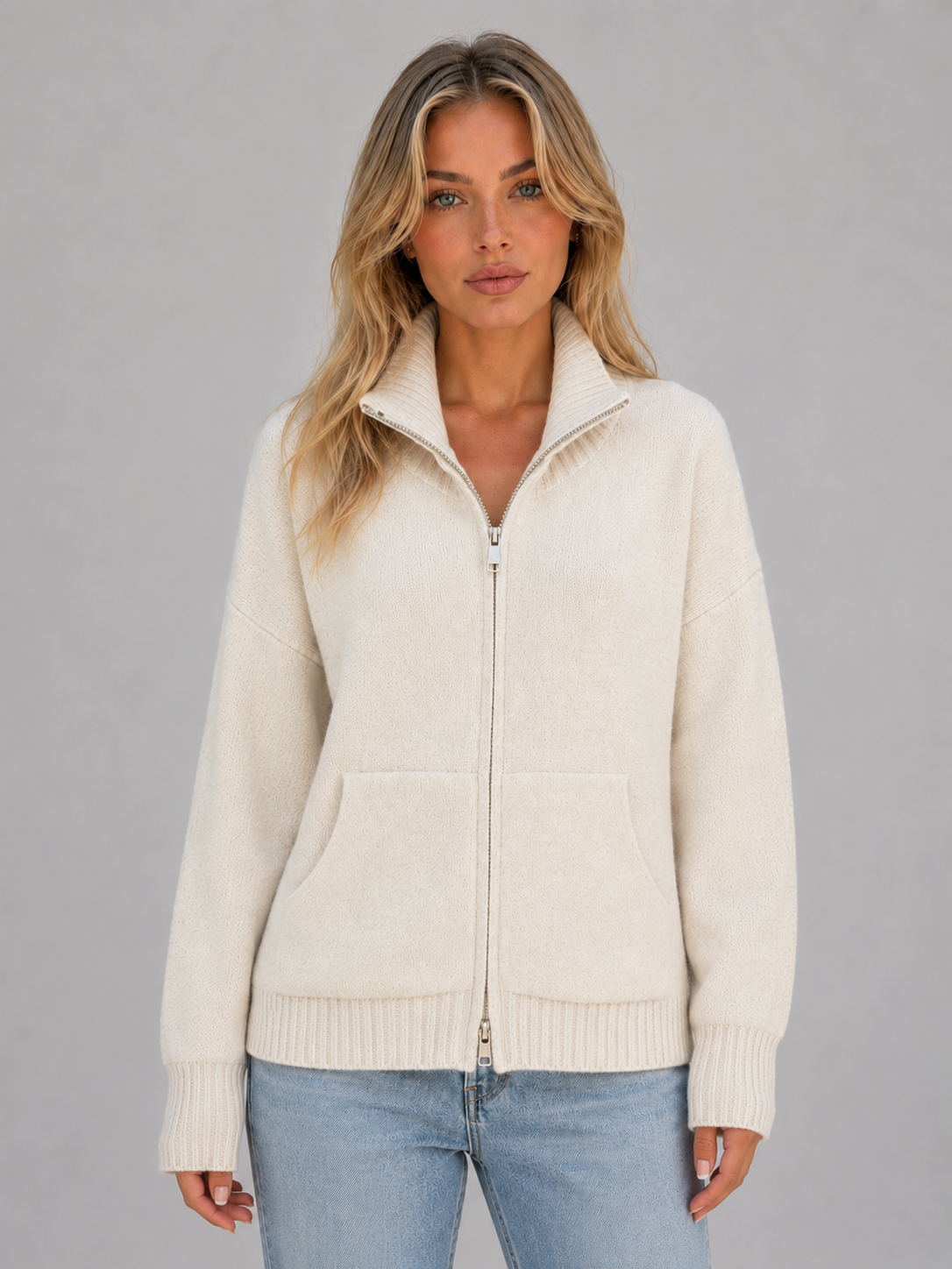 Women's Casual Soft Knit Zip-Up Cardigan with Funnel Neck