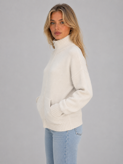 Women's Casual Soft Knit Zip-Up Cardigan with Funnel Neck