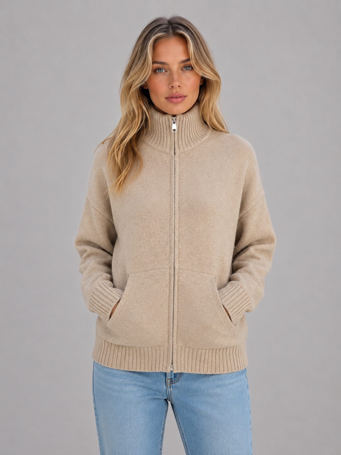 Women's Casual Soft Knit Zip-Up Cardigan with Funnel Neck