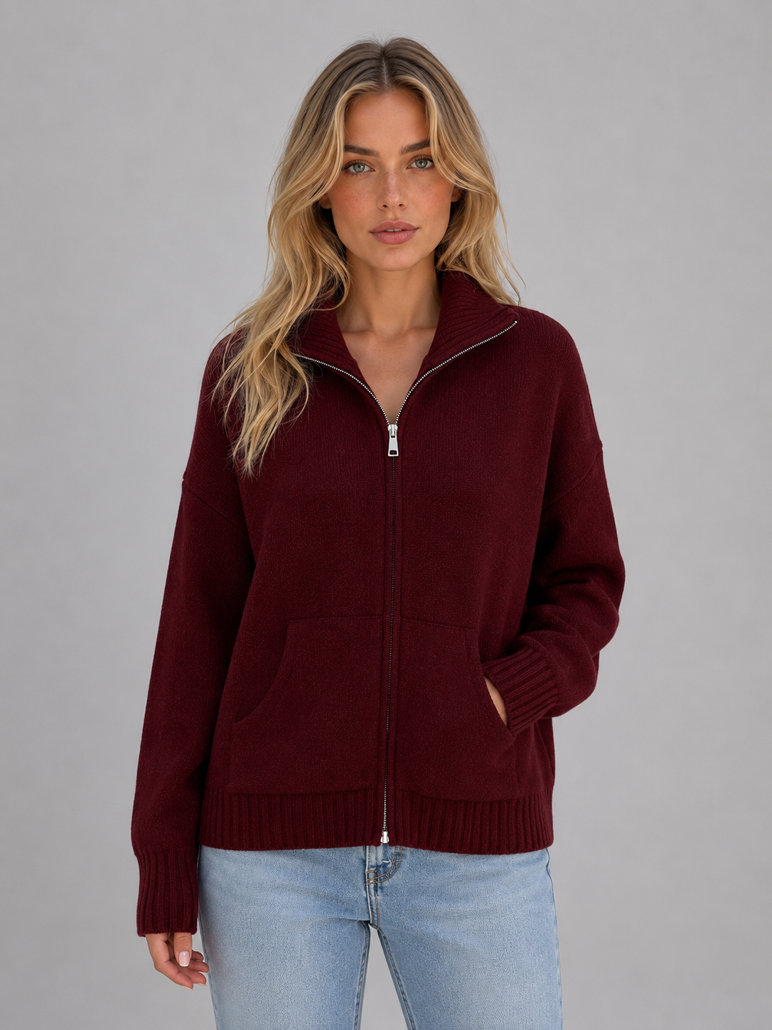 Women's Casual Soft Knit Zip-Up Cardigan with Funnel Neck