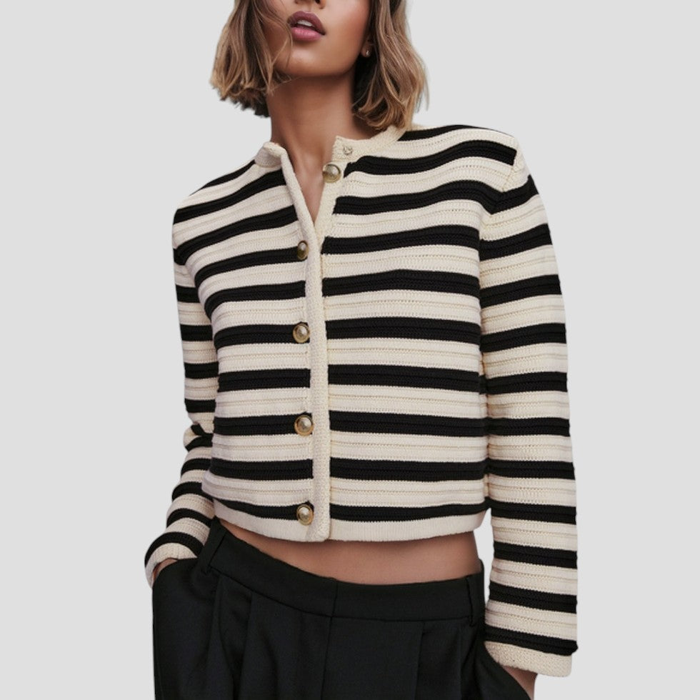 Ladies Button Front Striped Sweater