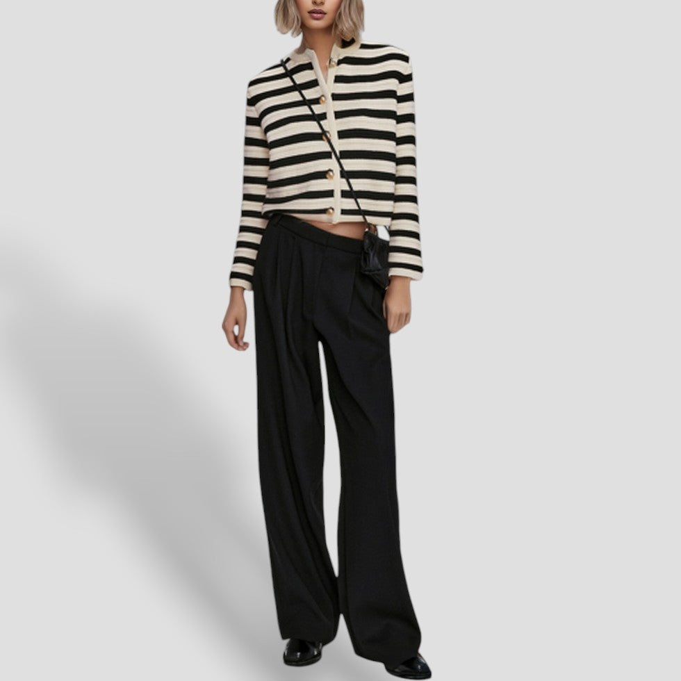 Ladies Button Front Striped Sweater