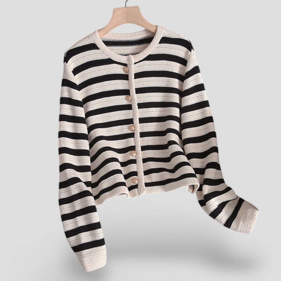 Ladies Button Front Striped Sweater - OutfitLondon