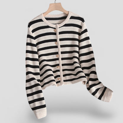 Ladies Button Front Striped Sweater - OutfitLondon