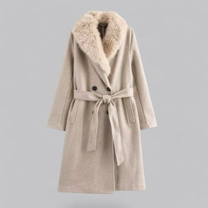 Luxury Tan Trench Coat with Faux Fur Trim - OutfitLondon
