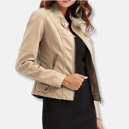 Women's Fitted Leather Jacket with Zip Pockets