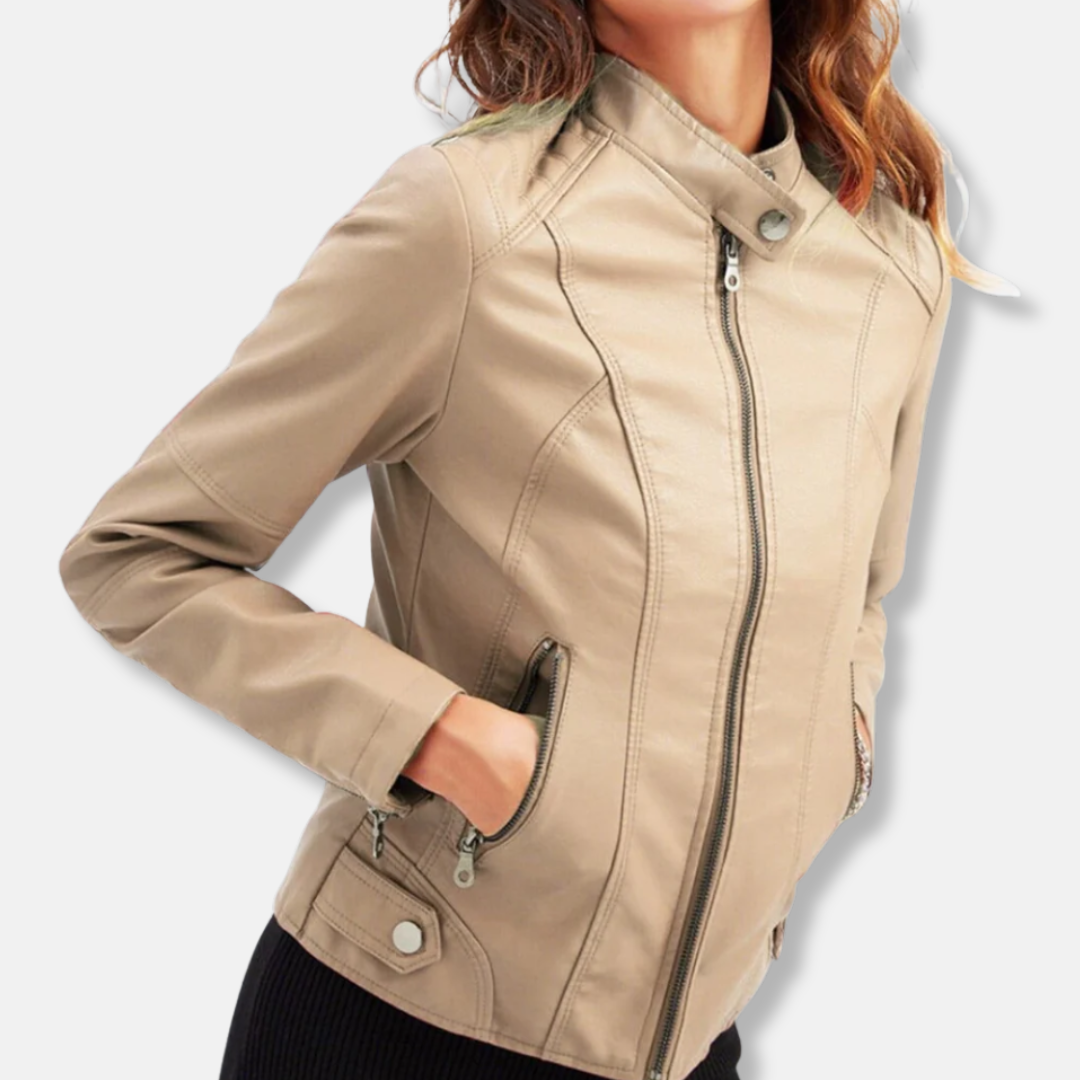 Women's Fitted Leather Jacket with Zip Pockets