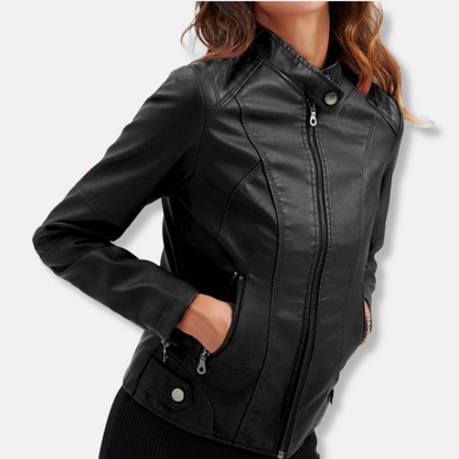 Women's Fitted Leather Jacket with Zip Pockets