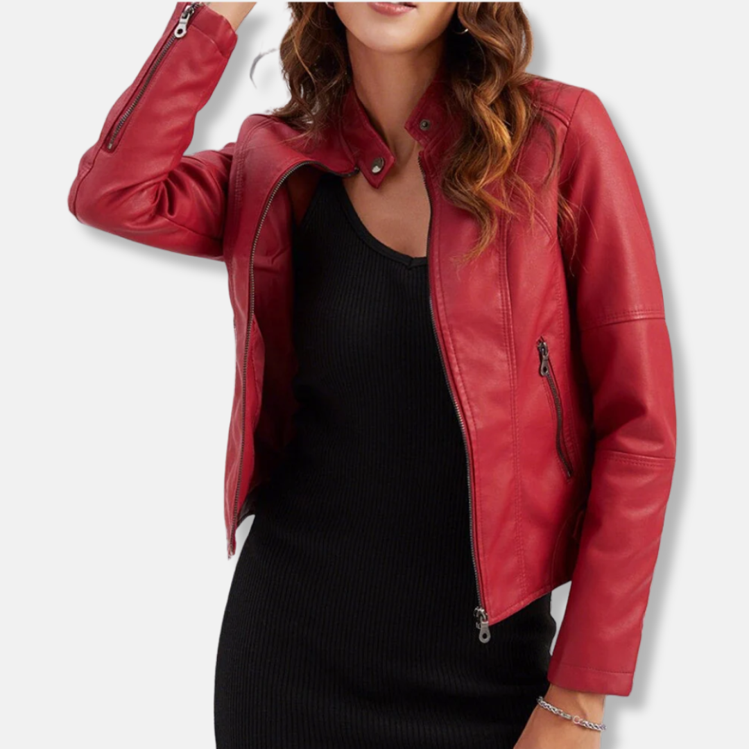 Women’s Biker Jacket – Tailored Fit – Stand Collar – Zipped Pockets – Waist Length