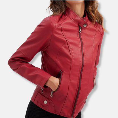 Women's Fitted Leather Jacket with Zip Pockets