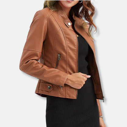 Women’s Biker Jacket – Tailored Fit – Stand Collar – Zipped Pockets – Waist Length