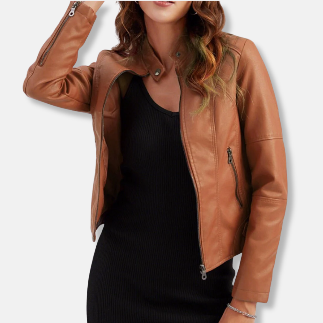 Women’s Biker Jacket – Tailored Fit – Stand Collar – Zipped Pockets – Waist Length
