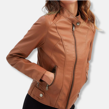 Women's Fitted Leather Jacket with Zip Pockets
