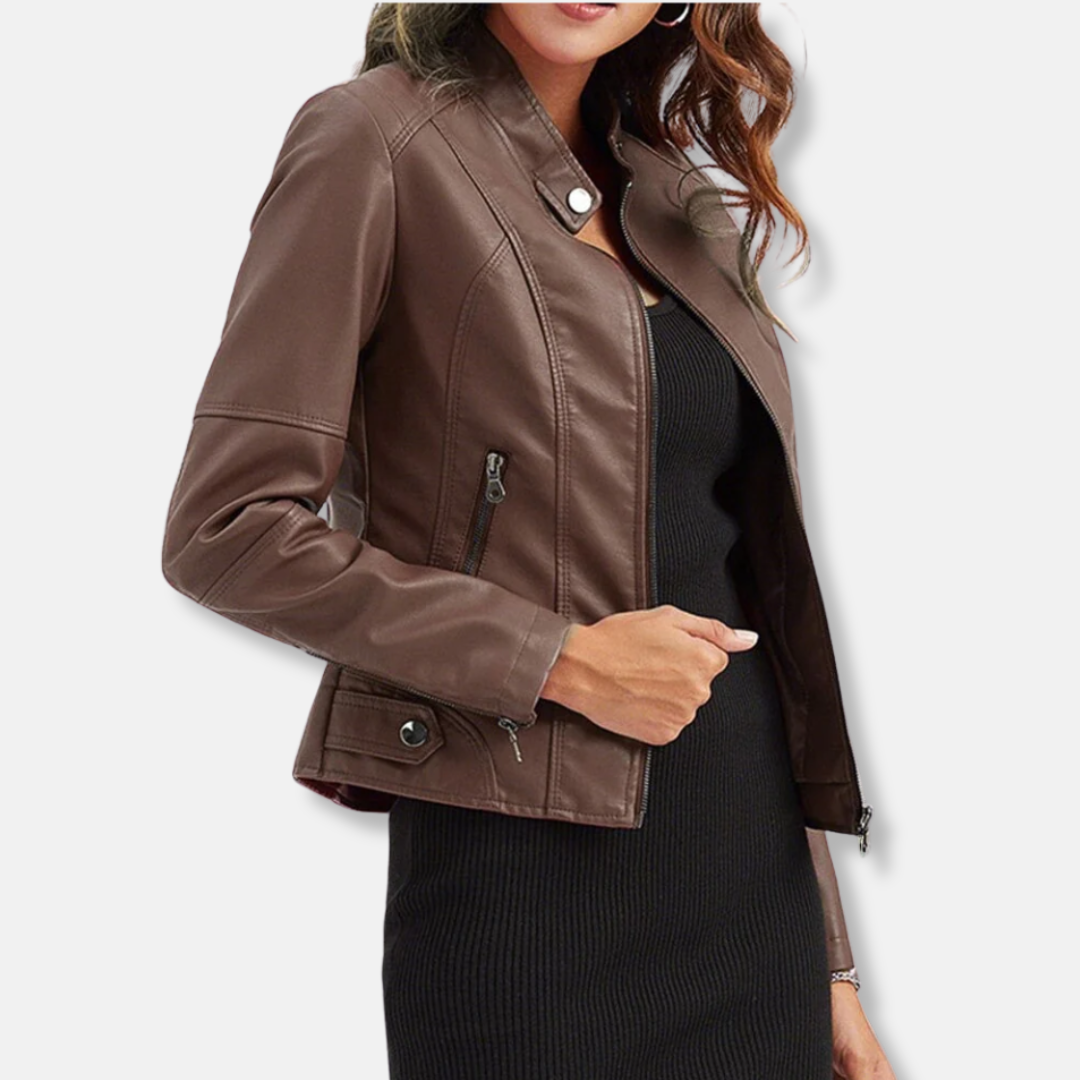 Women's Fitted Leather Jacket with Zip Pockets