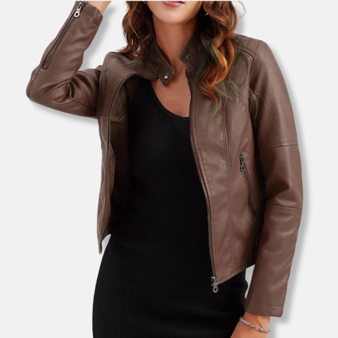 Women's Fitted Leather Jacket with Zip Pockets