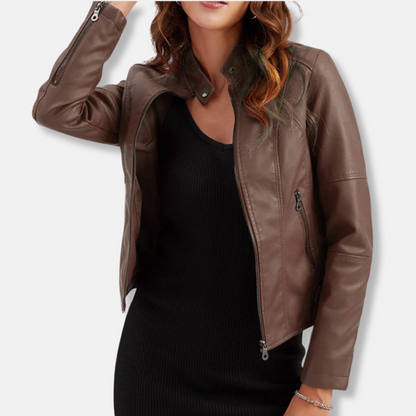 Women's Fitted Leather Jacket with Zip Pockets