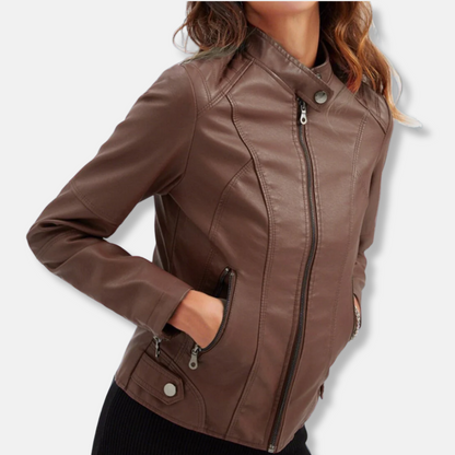 Women's Fitted Leather Jacket with Zip Pockets