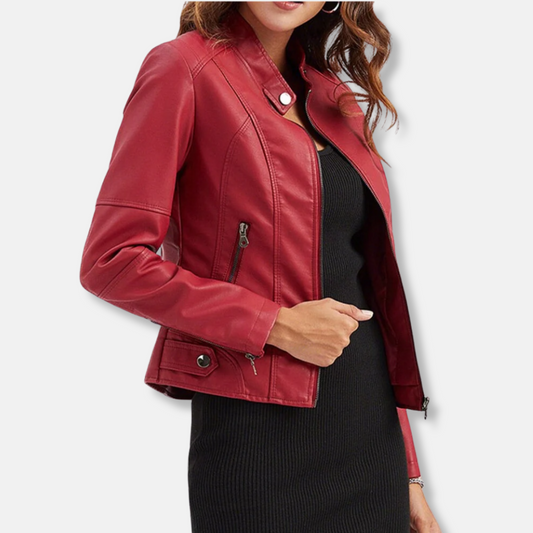 Slim Fit Leather Biker Jacket with Zip Pockets - OutfitLondon